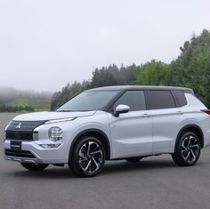 a white suv is parked on the road in front of some trees and foggy sky