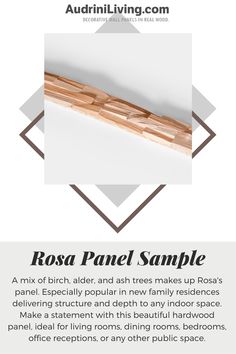 an advertisement for rose panel sample, with the words rose panel sample in white and brown