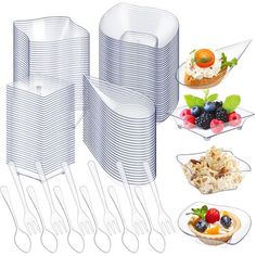 a stack of plastic plates and forks next to each other with fruit on them in the middle