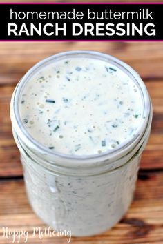 homemade buttermilk ranch dressing in a mason jar on a wooden table with text overlay