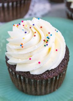 a chocolate cupcake with white frosting and sprinkles on a green plate