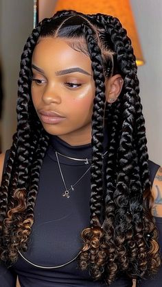 20 Box Braids Hairstyles with Curly Ends Unveiled Bold Knotless Braids, African Braid Hairstyle, Box Braids Big Size, Jumbo Braid Styles For Black Women, Simple Box Braid Styles, Jumbo Knotless Styles, Feed In Crochet Hairstyles, Jumbo Braids With Curls At The End