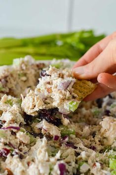 a person dipping a cracker into a bowl of chicken salad with celery