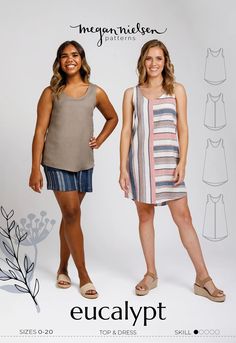 two women standing next to each other in front of an advertisement for the sewing pattern