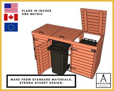 an image of a wooden table with trash cans on it and the text plans in inches and metrics