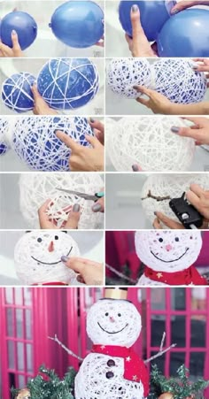 the instructions to make a snowman made out of yarn and plastic balls are shown