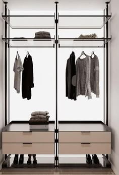 an open closet with clothes and shoes hanging on the racks, next to a shoe rack