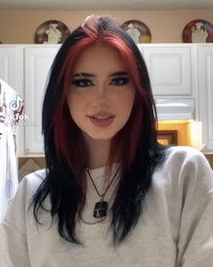 Red Hair Ideas For Long Hair, Black Hair With Bright Red Underneath, Split Dye Hairstyle, Under Hair Dye Sectioning, Ways To Part Hair To Dye, What Colors Go Best With Blonde Hair, Long Black Hair With Red Underneath, Black Hair With Red Accents, Black And Red Hair Underneath