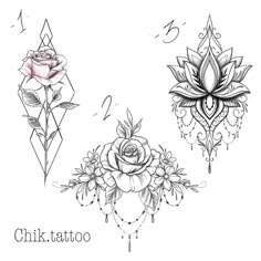 three different tattoos with flowers and diamonds on the back of their arm, one has a rose