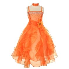 1101_orange_6.jpg?0 Teen Flower Girl Dresses, Teen Flower Girl, Dresses With Scarf, Long Silver Dress, Cascading Dress, Ruffle Flower Girl Dress, Long Ruffle Dress, Girls Ruffle Dress, Orange Dresses