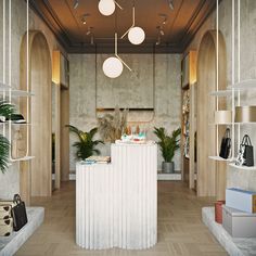 the interior of a clothing store with shelves and plants