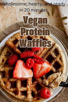 stack of waffles on a plate with strawberries and raspberries on top. Vegan Protein Waffles, Quinoa Salads, Protein Vegan Recipes, Protein Waffles, High Protein Vegan Recipes, Vegan Yogurt, Lentil Stew, Crispy Tofu, High Protein Vegan