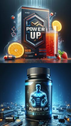 an advertisement for power up is shown in two different images, one with oranges and the