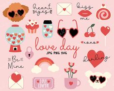 valentine's day stickers are arranged on a white background