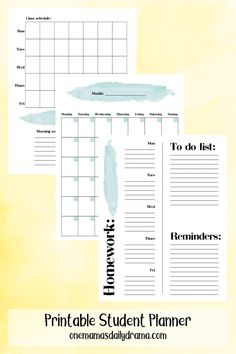 the printable student planner is shown on top of a yellow background with blue ink