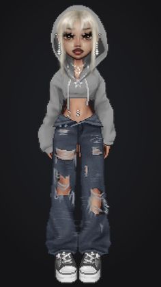 a girl with white hair wearing ripped jeans and a hoodie standing in front of a black background