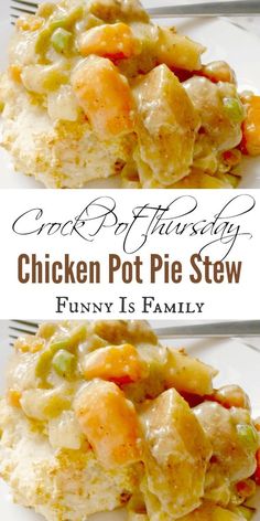 chicken pot pie stew on a white plate with a fork in the foreground and an image above it that reads, crock pot friday chicken pot pie stew