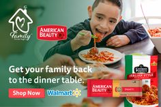 an ad for the american family restaurant with children eating spaghetti and pizza on their plates