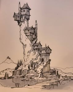 Fantasy Drawing Ideas, Fantasy Architecture, Pen Art Drawings, Fantasy Drawings, Pen Drawings, Architecture Drawing Art, Arte Sketchbook, Landscape Drawings, Fantasy Art Landscapes