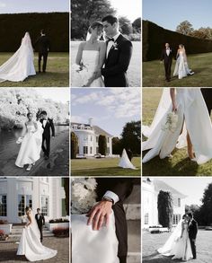 a collage of photos showing the bride and groom in their wedding attire, posing for pictures