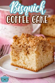 a piece of coffee cake on a plate with the words biscuit coffee cake above it