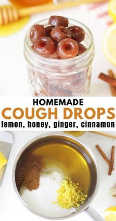 the ingredients to make homemade cough drops are in a glass jar, next to lemons and cinnamon sticks