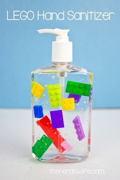 a hand sanitizer made out of legos is shown with the words, lego hand sanitizer