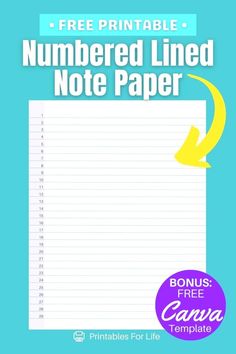 the free printable numbered lined note paper is shown with an arrow pointing to it