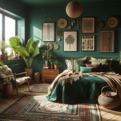 a bedroom with green walls and lots of pictures on the wall, including potted plants