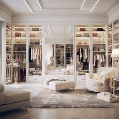 a large walk in closet filled with lots of white furniture and clothes on hangers