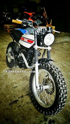 a dirt bike parked in a garage