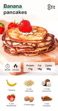 pancakes are stacked on top of each other with strawberries, bananas, and eggs