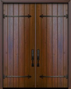 two wooden doors with iron bars on each side and one door open to the other