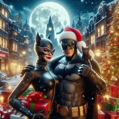 batman and catwoman standing next to each other in front of a christmas tree with presents