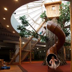 a child's play area with a tree house and slide in the center,