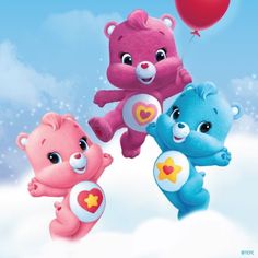 three teddy bears flying in the sky with a heart shaped balloon above them and one bear holding on to it's tail