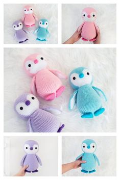 four different pictures of stuffed animals made to look like they are knitted