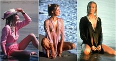 four different pictures of women sitting on the beach and one is wearing a pink bathing suit