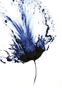 a black and white flower is splattered with blue ink