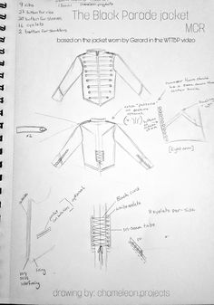 the black parade jacket is drawn on top of a white paper with instructions for how to wear it