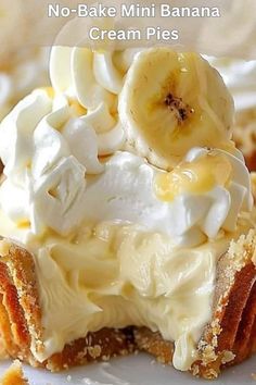 no - bake mini banana cream pies with whipped cream and bananas on top