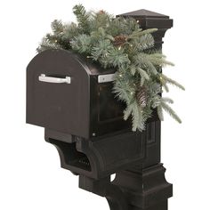 a mailbox with a christmas tree in it and lights on the top, is shown