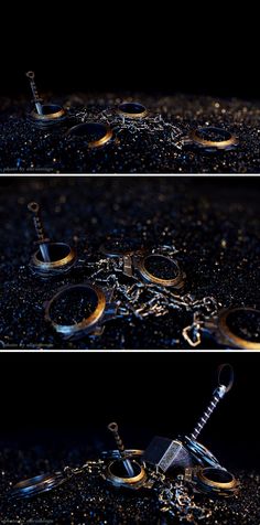 three different shots of scissors and chains on the ground with drops of water around them