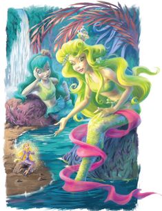 a painting of two mermaids in the water