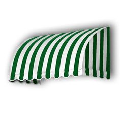 a green and white striped awning on top of a white wall with the bottom half closed