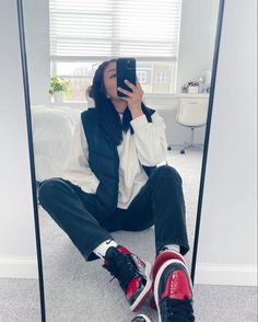 Mirror selfie, fall outfit idea with sneakers of the year, Jordan parent 1s outfit, black vest for fall, hoodie outfits, black jeans and hoodie, red shoes, sneakers for fall, white room decor, Room aesthetic, plants inside room aesthetic, clean room, Patent Bred Jordan 1 Outfit, Retro 11 Bred Outfit, Jordan 1 Patent Bred Outfit, Jeans And Jordans Outfit Women, Patent Bred 1s Outfit, Jordan 1 Girl, Outfit With Puffer Jacket, Red Jordans Outfit For Women, Jordan 11 Bred Outfit