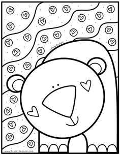 a black and white drawing of a bear with hearts