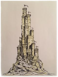 a drawing of a castle on top of a mountain