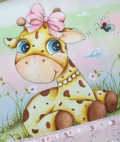 a painting of a giraffe with a pink bow on it's head