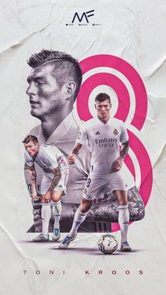 the poster shows two soccer players in front of a pink background